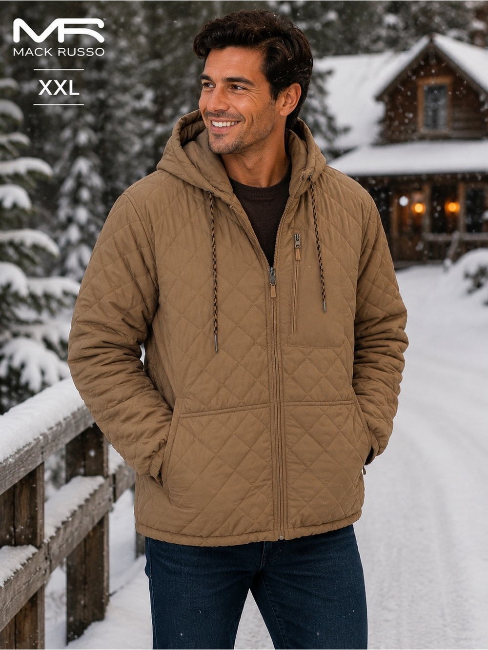 Mack Russo Quilted Hooded Puffer Bomber Jacket XXL – Tan Lightweight Zip Front